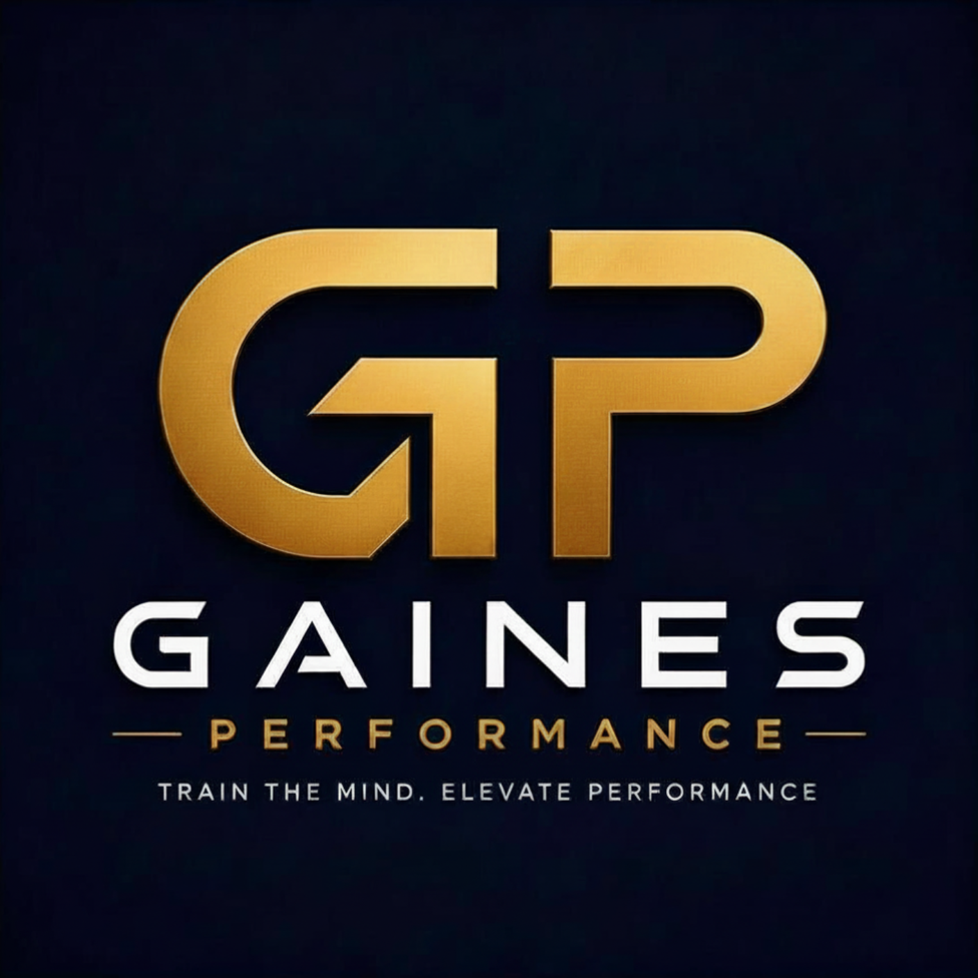 Gold and white logo with the letters G and P interconnected, below the word GAIN S in white capital letters, with the words PERFORMANCE and the tagline "Train the mind. Elevate performance" beneath in smaller white and gold text respectively.