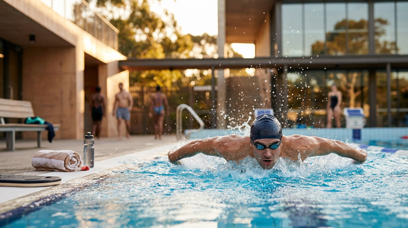 Swimmer performing butterfly stroke at an outdoor pool with a modern building and trees in the background.