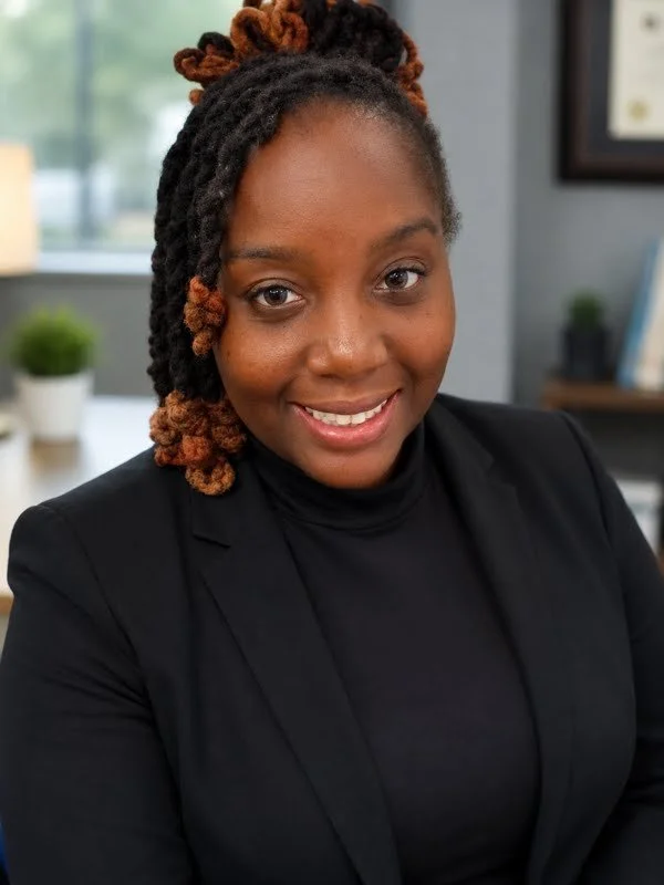 Professional woman smiling in an office setting, wearing a black blazer and turtleneck, with a background of books and plants.
