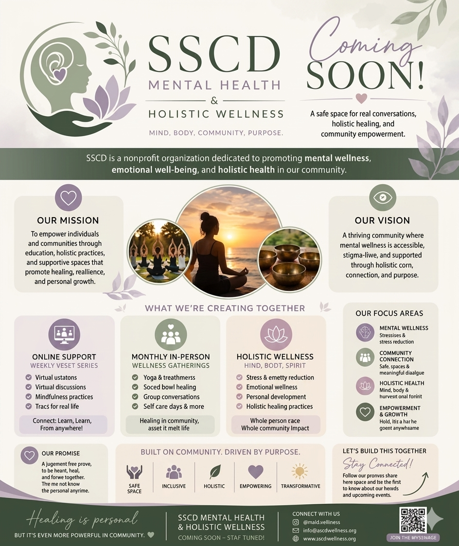 An announcement poster for SSCD Mental Health & Holistic Wellness, showing their mission, vision, focus areas, support options, and community goals, with images of meditation, yoga, and sound bowls, and decorative leaves.