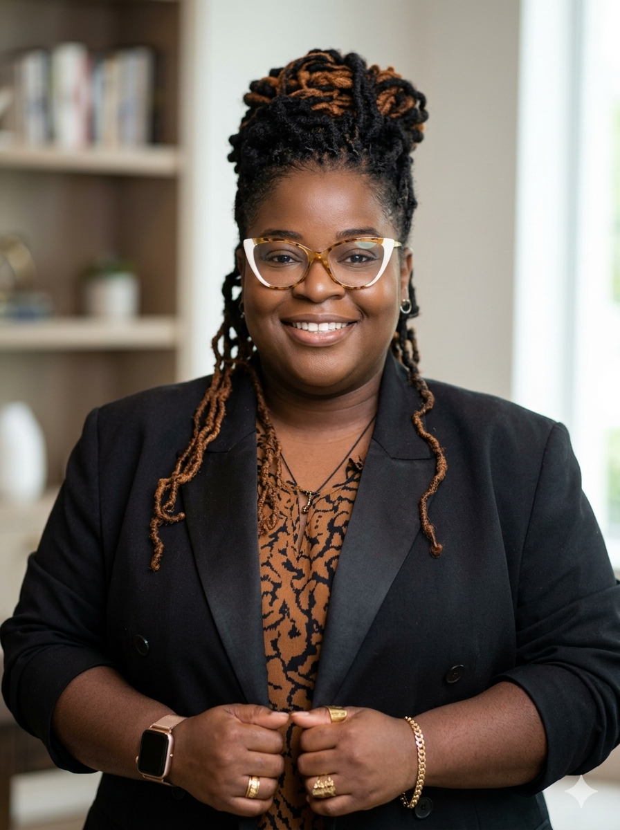 A woman with glasses, styled in dreadlocks, wearing a black blazer over a patterned top, smiling, standing in a well-lit room with a bookshelf and plants in the background.