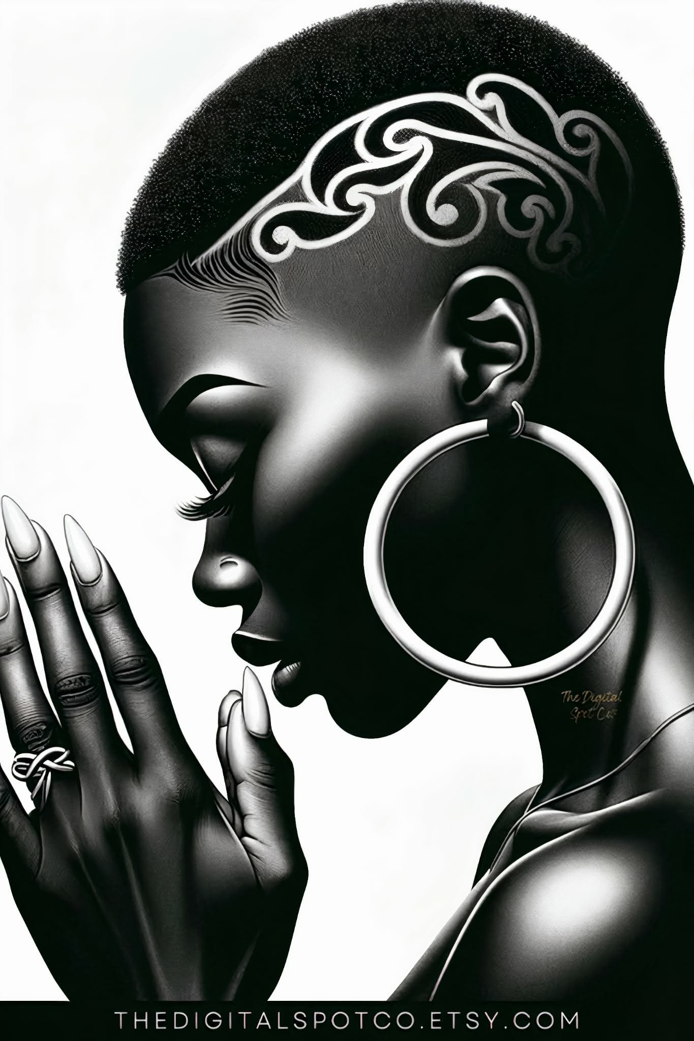 Black and white digital artwork of a woman with her hands pressed together in prayer or contemplation. The woman has a large hoop earring, a tattoo on her neck, and a detailed hairstyle with artistic curls on her head. The text at the bottom reads 'thedigitalspotco.etsy.com'.