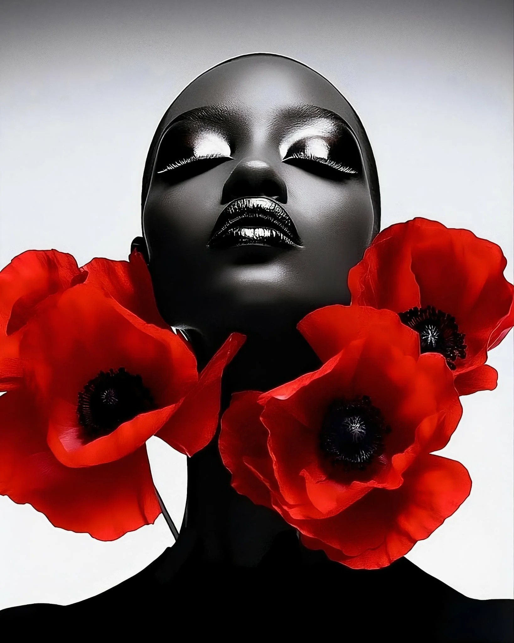 A black and white artistic portrait of a person with closed eyes, lipstick, and makeup, surrounded by vibrant red poppies.