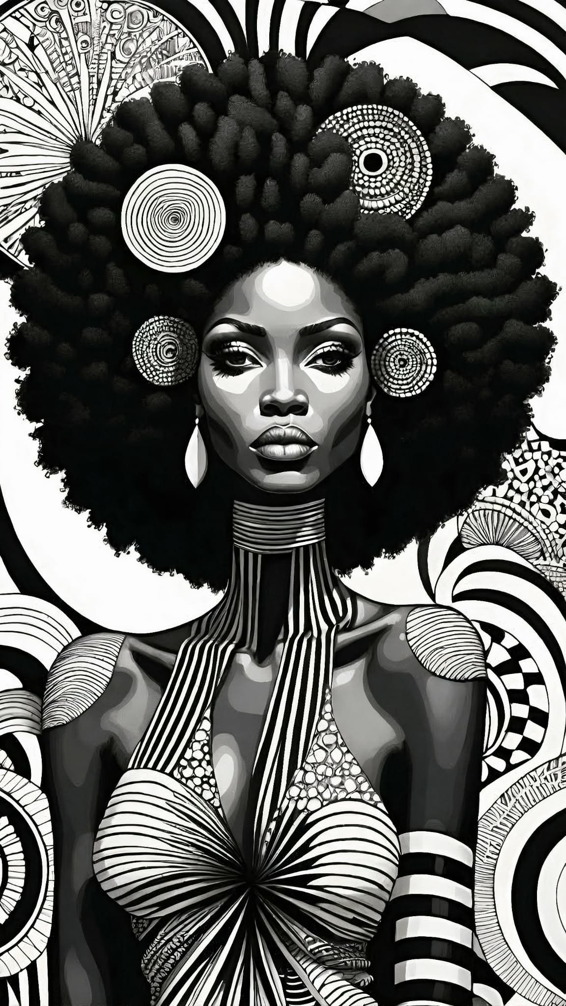 Black and white illustration of a woman with large, voluminous afro hair decorated with intricate spiral patterns and circular design elements. She has bold makeup, large earrings, and striped accessories on her arms and neck, with abstract geometric patterns in the background.