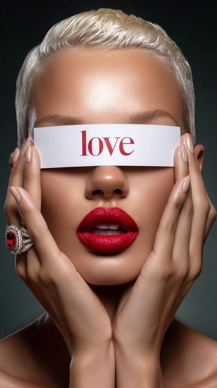 A woman with platinum blonde hair and red lipstick holds her face with both hands. She has a white strip covering her eyes with the word 'love' in red letters.