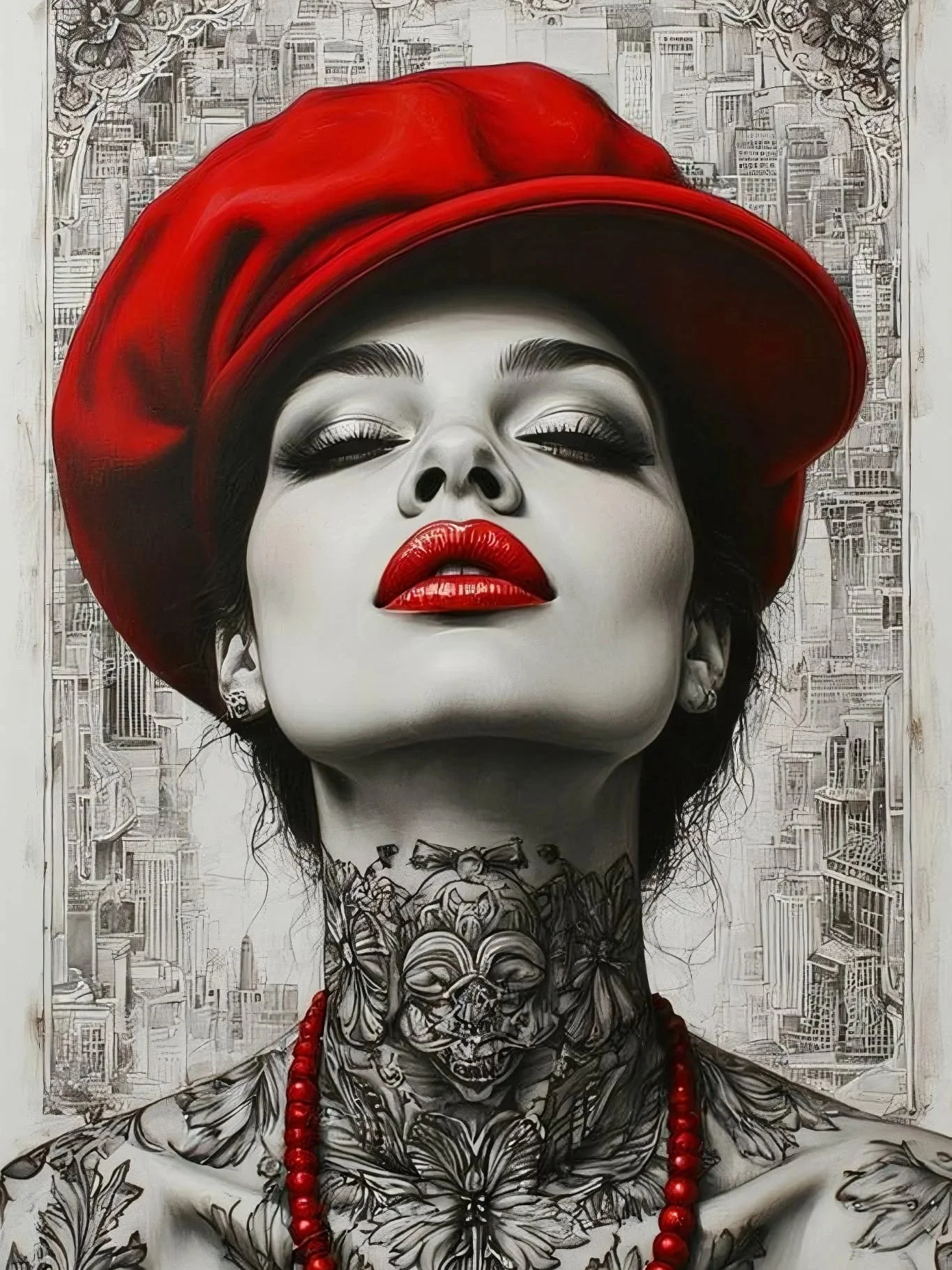 A black and white portrait of a woman with bold red lips, wearing a red hat, with detailed tattoos on her neck and chest, and a beaded necklace. The background features a cityscape illustration.
