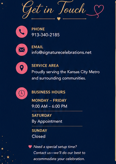 Contact information card for a business called 'Get in Touch' with a navy blue background and pink accents. Features phone number, email address, service area, business hours, and a note about appointment scheduling and closures.