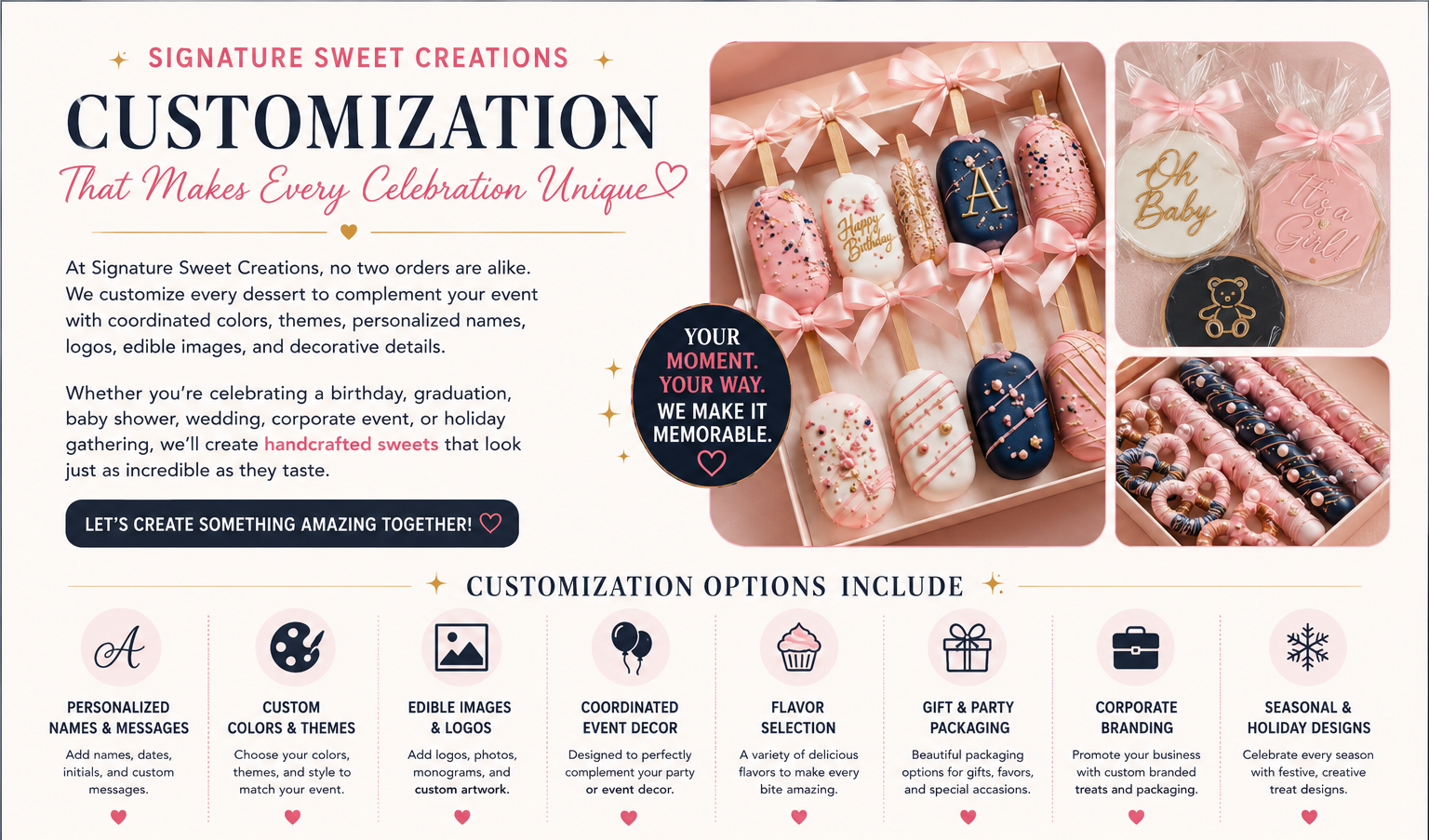 Pink box of decorated sweets with four different lollipop shaped treats, some with pink and white icing, gold accents, and bows, displayed in a pink box with ribbons.
