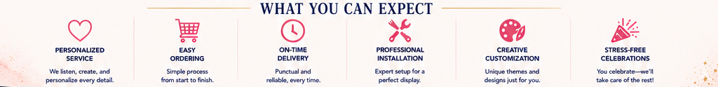 Infographic titled 'What You Can Expect' with icons and features including Personalized Service, Easy Ordering, On-Time Delivery, Professional Installation, Creative Customization, and Stress-Free Celebrations.
