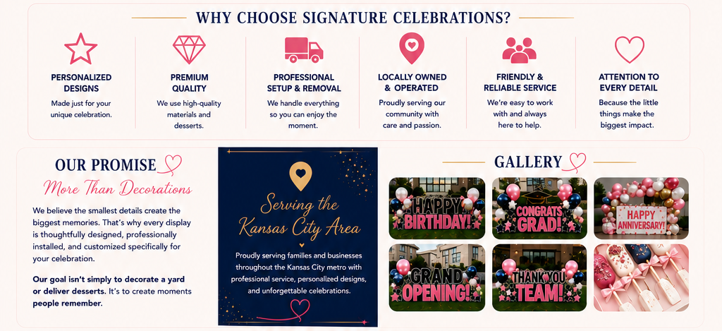 A promotional flyer for Signature Celebrations detailing their services and offerings. The top section lists reasons to choose them, including personalized designs, premium quality, professional setup and removal, local ownership, friendly service, and attention to detail. The middle section features a promise about creating memorable celebrations with small details, aimed at serving the Kansas City area. The bottom right shows a gallery of decorated event signs such as "Happy Birthday," "Congrats Grad," "Happy Anniversary," "Grand Opening," and "Thank You Team," all decorated with balloons and themed designs.