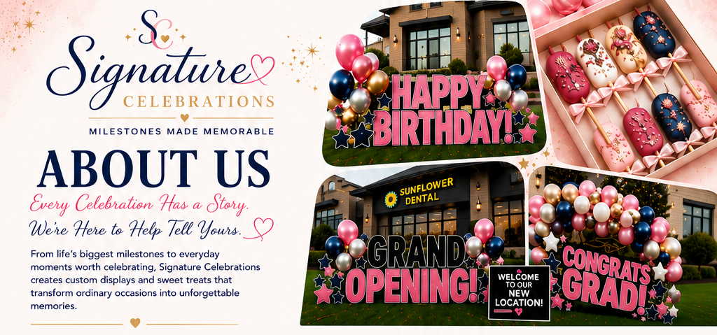 Celebration signage and decorations for a business opening, including balloons, banners, and themed treats.