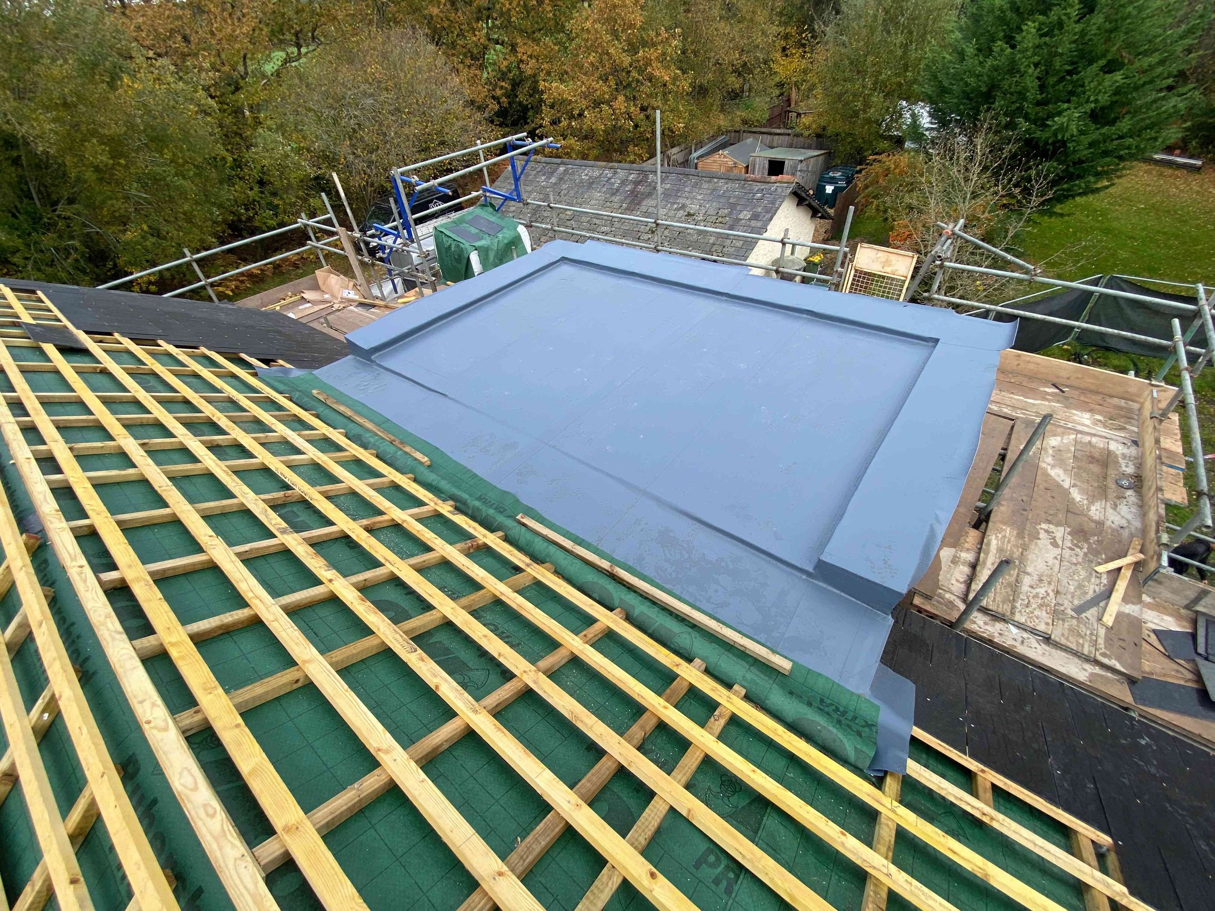 Construction scaffolding on a roof with wooden framing and a green underlayment, overlooking trees and neighboring buildings.