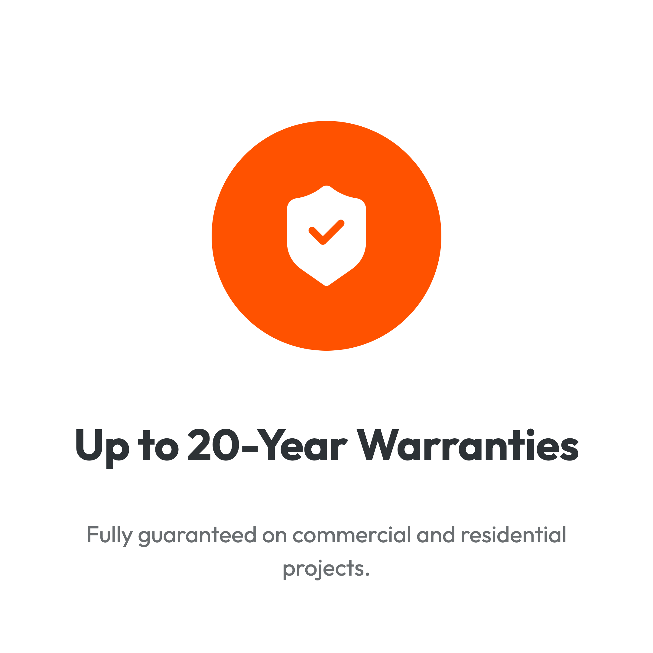Orange circle with white shield icon containing an orange checkmark, with text about 20-year warranties and project guarantees.