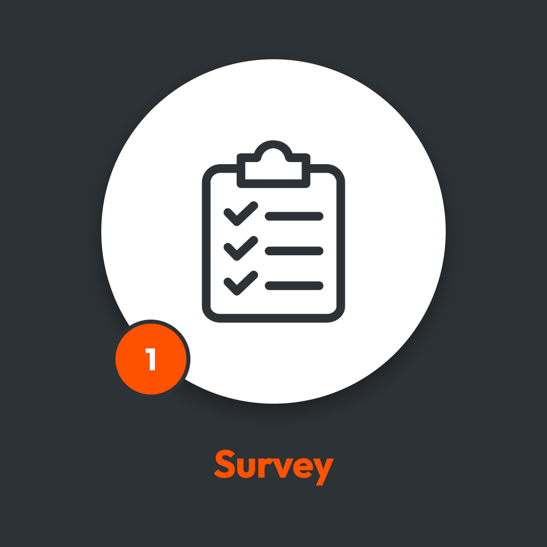 Icon of a clipboard with checkmarks, indicating a survey or checklist, on a dark background with the word "Survey" in orange below.