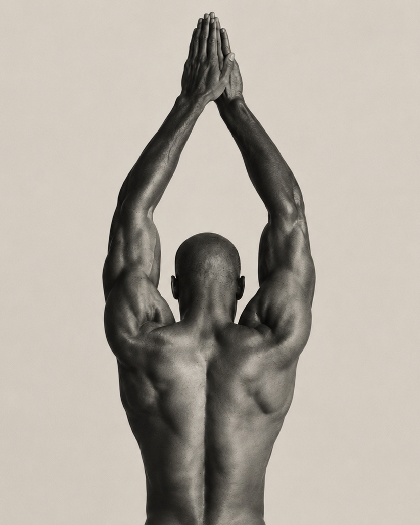 Hombre de espaldas levantando los brazos en forma de oración o meditación, con músculos definidos, en tonos negro y gris.