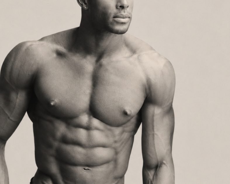 Hombre musculoso sin camisa en blanco y negro.