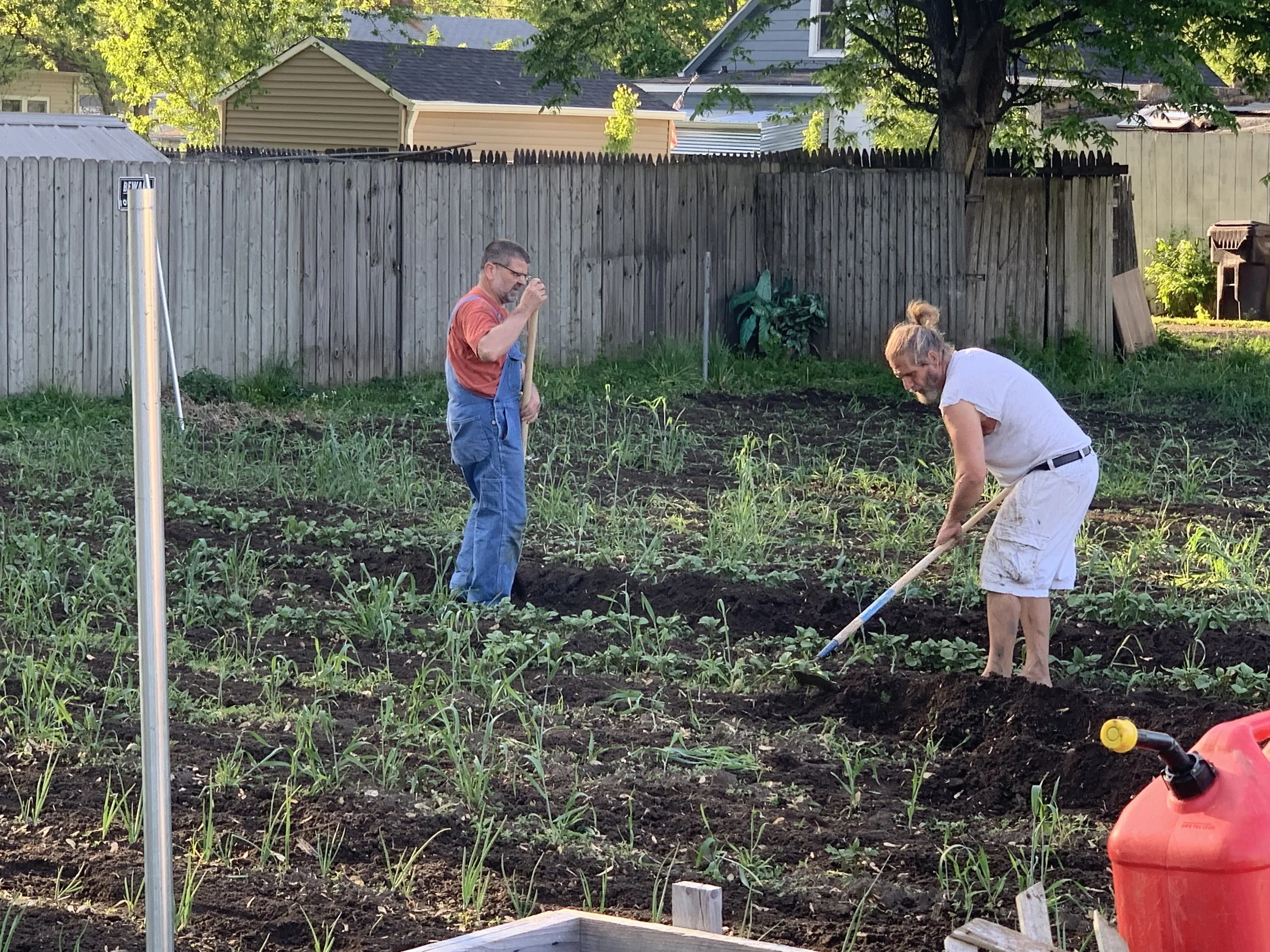 Two men working in a garden bed, one using a gardening tool and the other standing, with a backyard fence and trees in the background.
