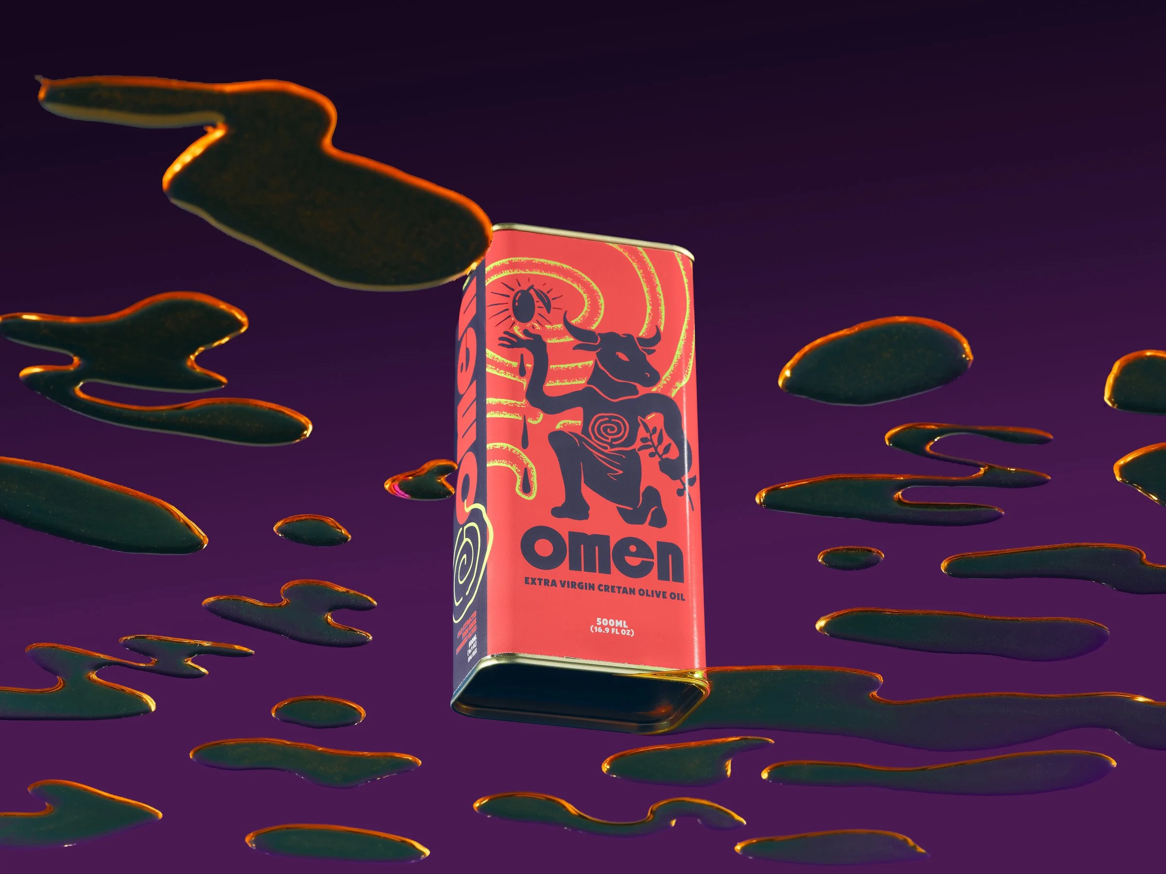 A can of Omen extra virgin Cretan olive oil is floating amidst abstract floating shapes against a dark purple background.