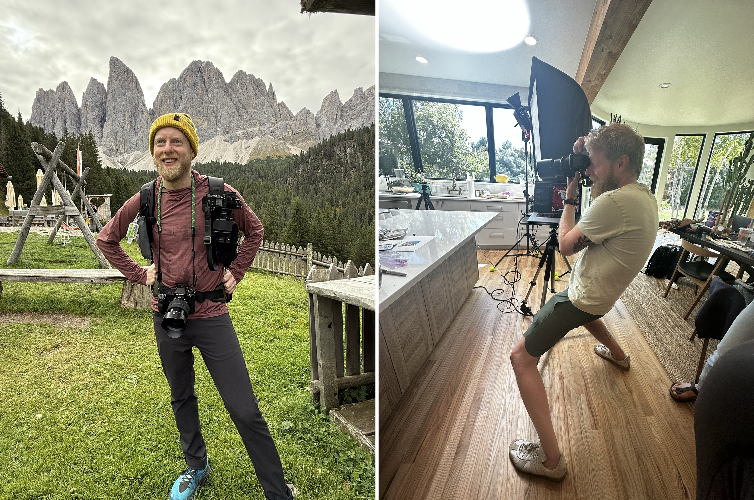 A man with a camera strapped around his neck standing outdoors in front of mountain scenery and another man in a kitchen taking a photograph of the first man indoors.