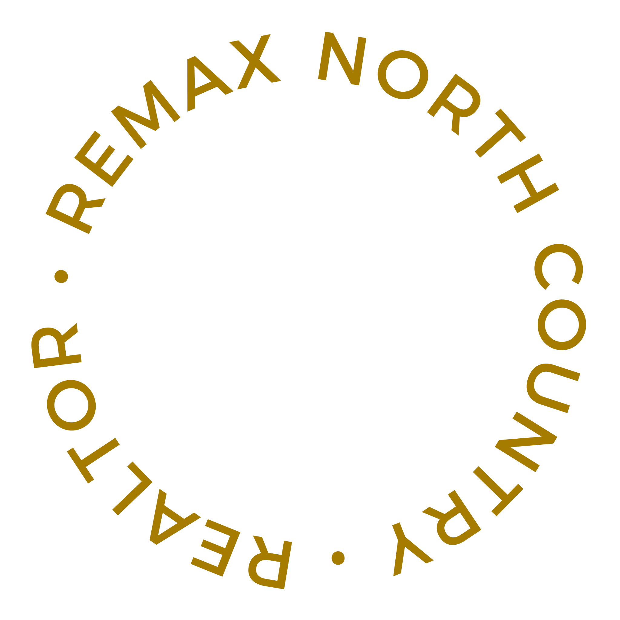 Close-up of a circular black label with gold text that reads 'RE/MAX North Country'. The design emphasizes the words with a clean and simple style.
