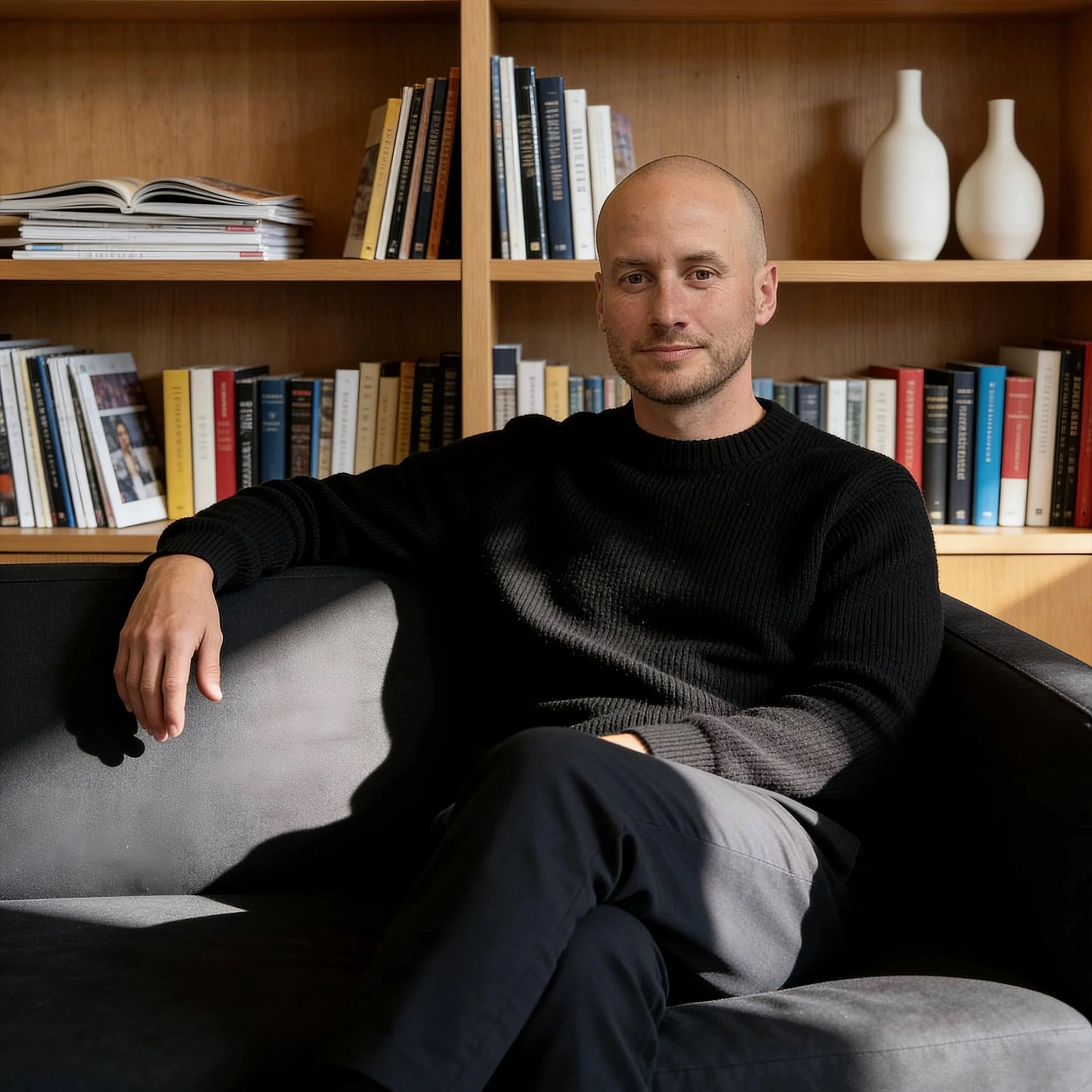 A person sitting in front of a bookshelf with various books and two white vases, wearing a black sweater and dark pants.
