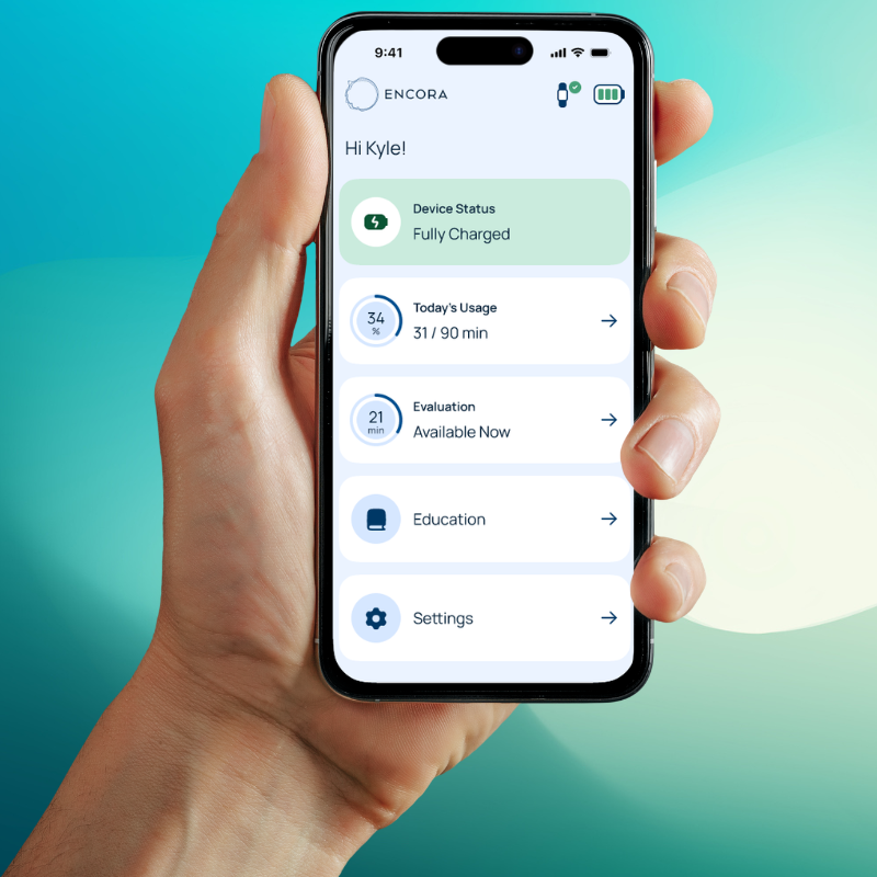 A person holding a smartphone displaying an app called ENCOR with various options such as Device Status, Usage, Evaluation, Education, and Settings.