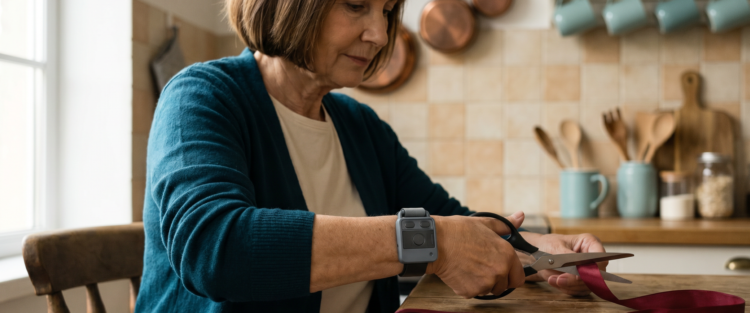 A woman cutting fabric with scissors in a kitchen with wooden utensils and copper pots on the wall wearing Encora X1 wearable neurostimulation for essential tremor