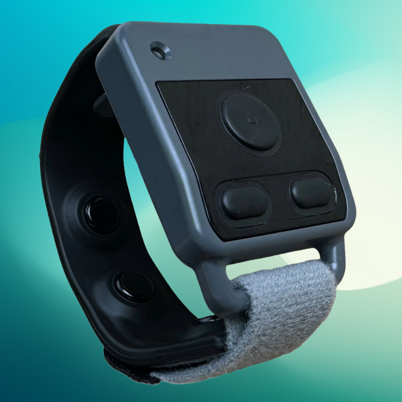 An Encora X1 with a fabric strap, featuring multiple buttons and a circular navigation pad on the face, against a gradient background.