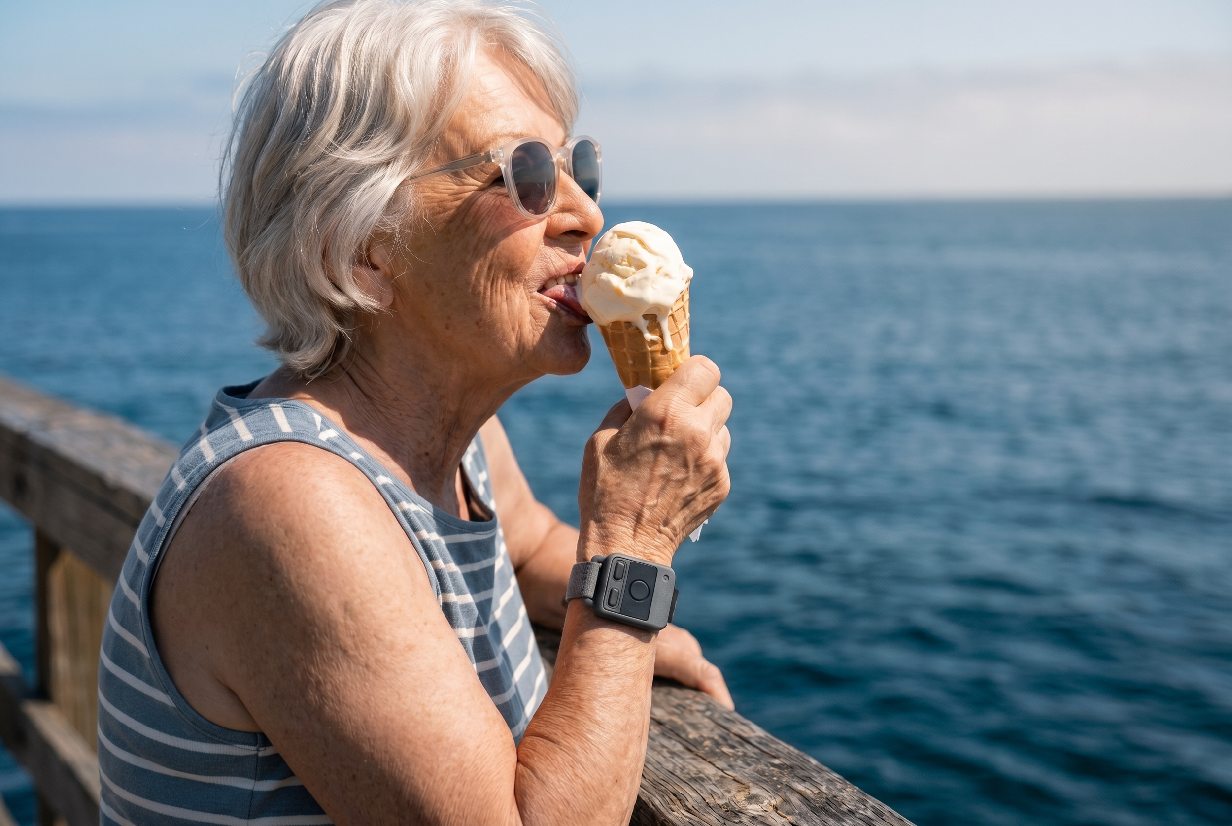 An elderly woman with gray hair and sunglasses wearing an Encora X1 device for essential tremor enjoying an ice cream cone while leaning on a wooden railing by the ocean on a bright, sunny day.