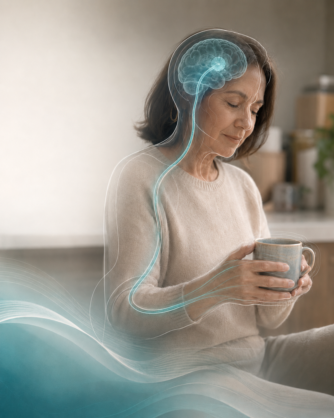 A woman holding a mug, wearing Endora X1 for essential tremor with a digitally illustrated overlay of a glowing brain and nervous system connecting to her body.