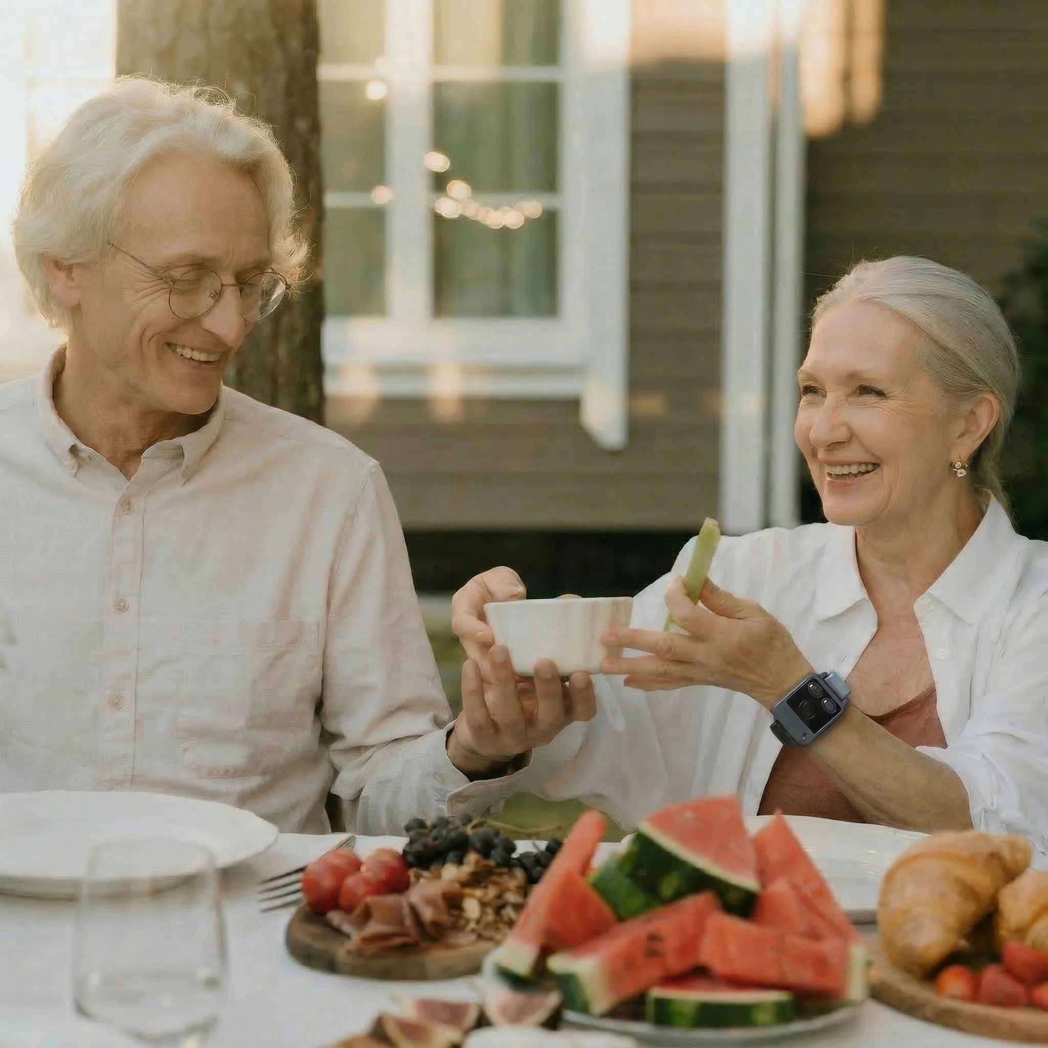 Smiling elderly man with glasses and white hair, and smiling elderly woman with white hair, sharing a moment outdoors during sunset, standing near a house with a window in the background, wearing Encora X1 wearable neurostimulation for ET