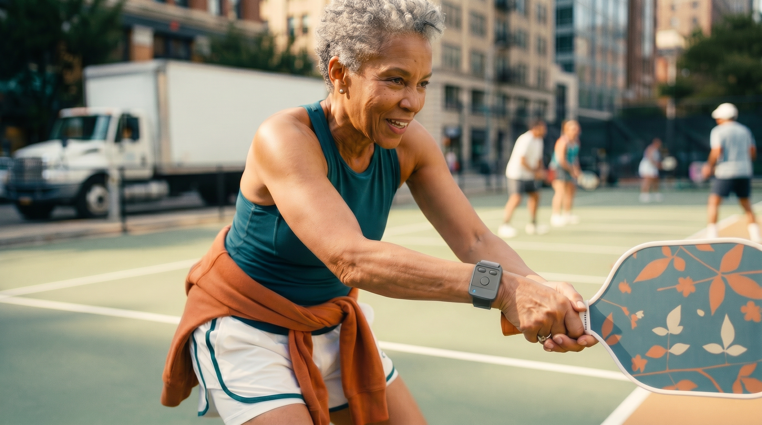 An older woman with gray curly hair, wearing a teal top and shorts, playing pickleball on an outdoor court. She is hitting a ball with a paddle, smiling, and wearing a smartwatch. Other players are visible in the background.