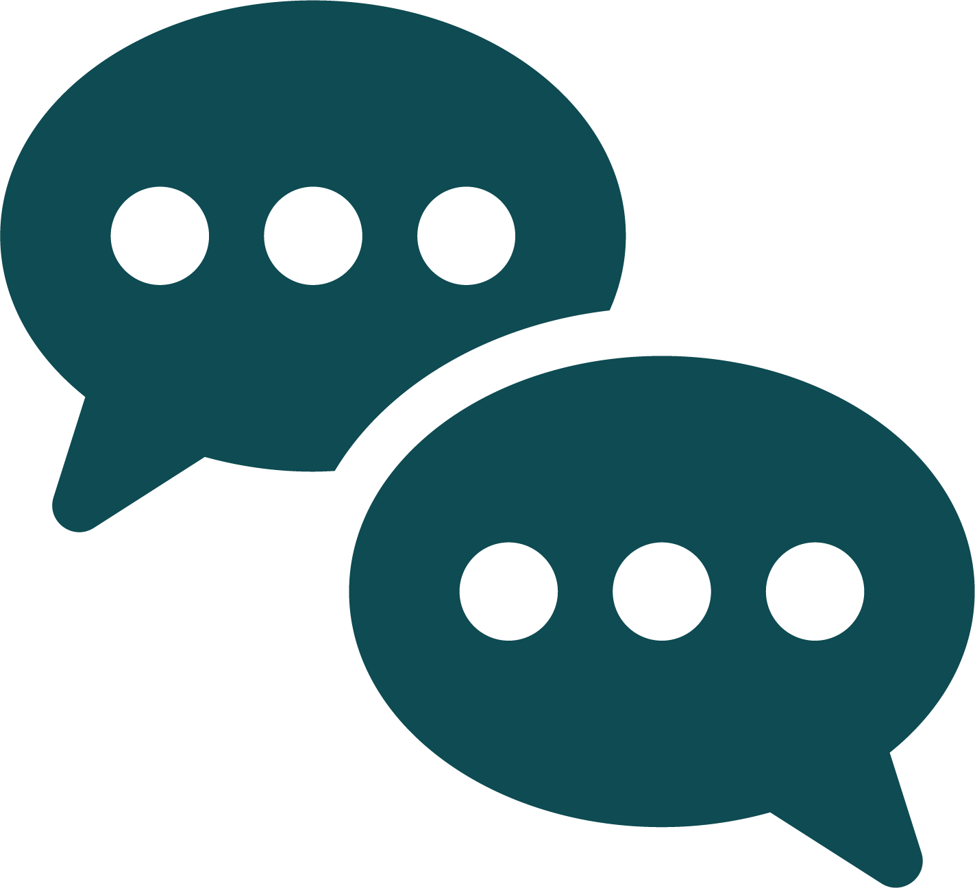Two overlapping dark teal speech bubbles with three black dots inside each