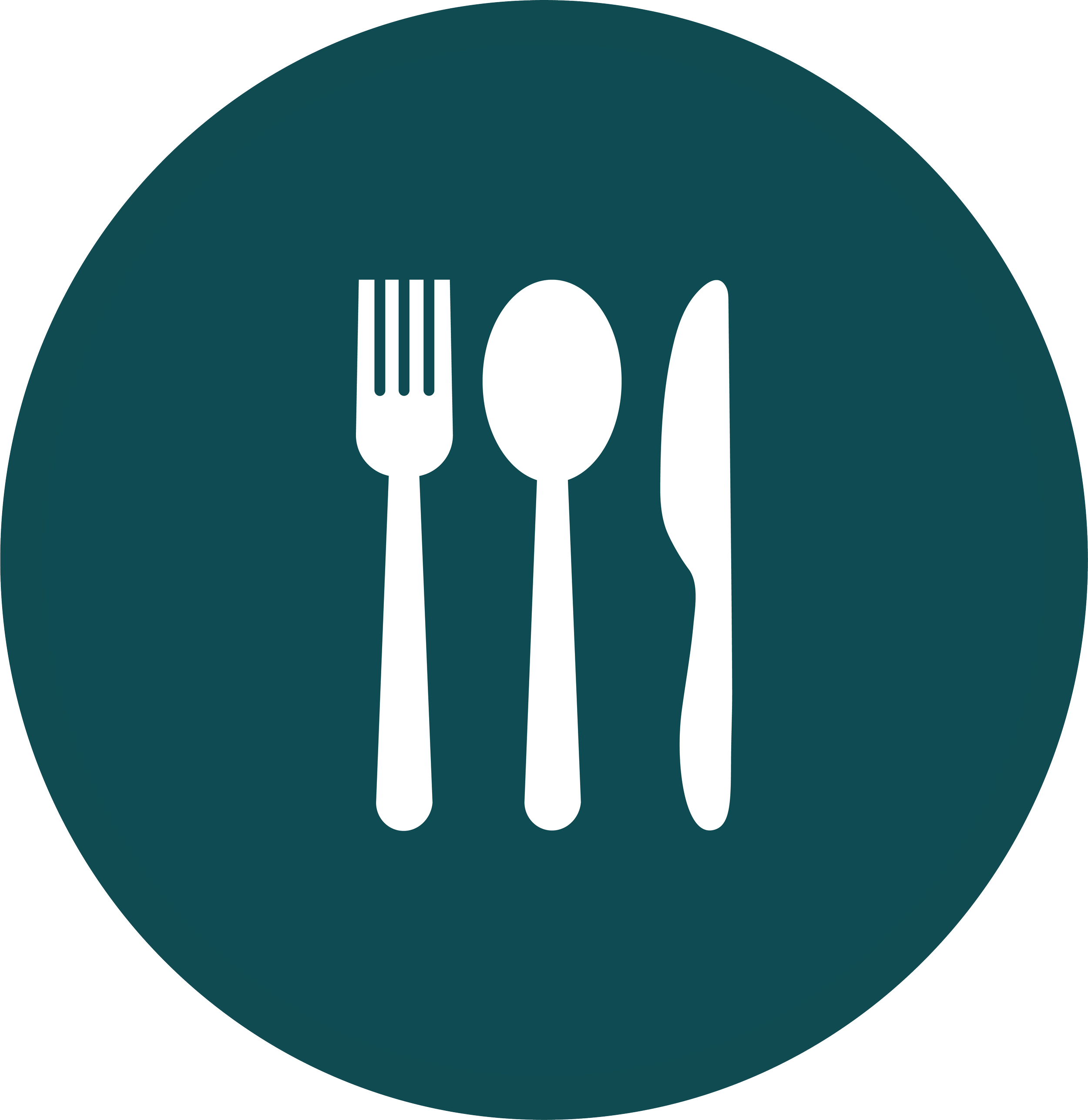 Graphic design with a dark teal circle in the center and white icons of a fork, a spoon, and a knife arranged vertically.