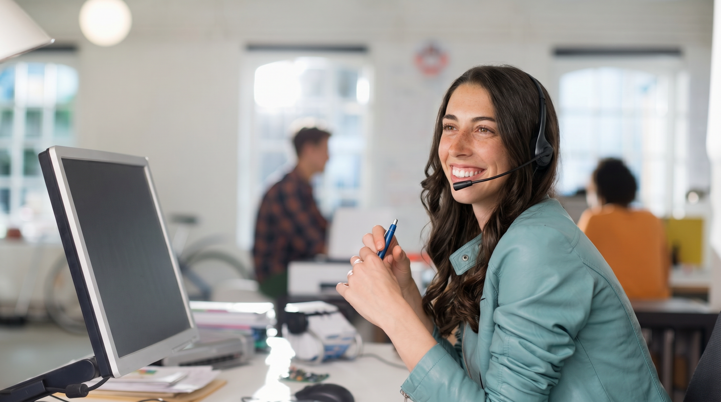 A smiling woman with long brown hair wearing a headset and holding a pen in a modern office workspace, with other people working at desks in the background.
