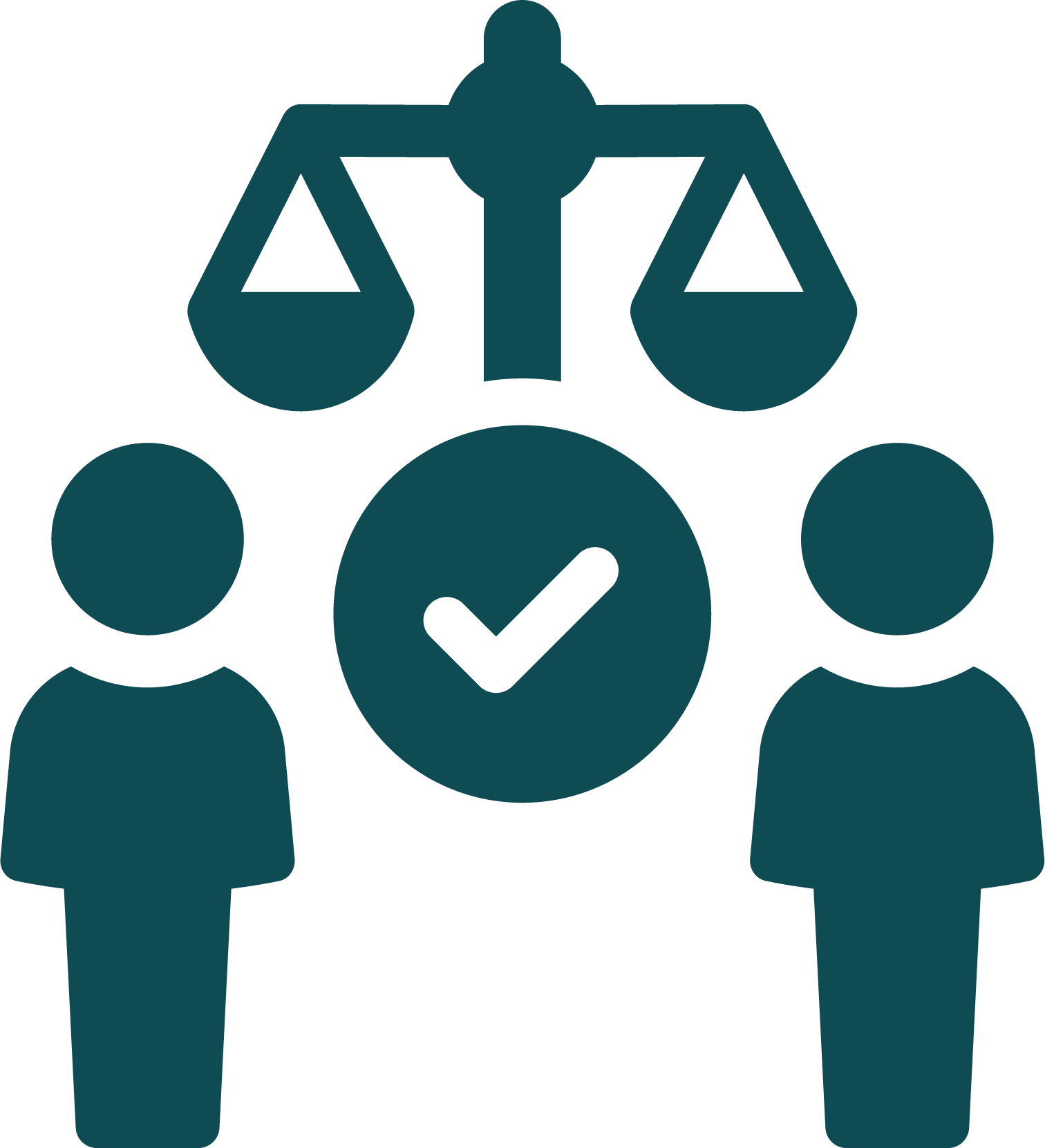 Icon of two people with a checkmark symbol in between, above a scale, representing approval or certification.