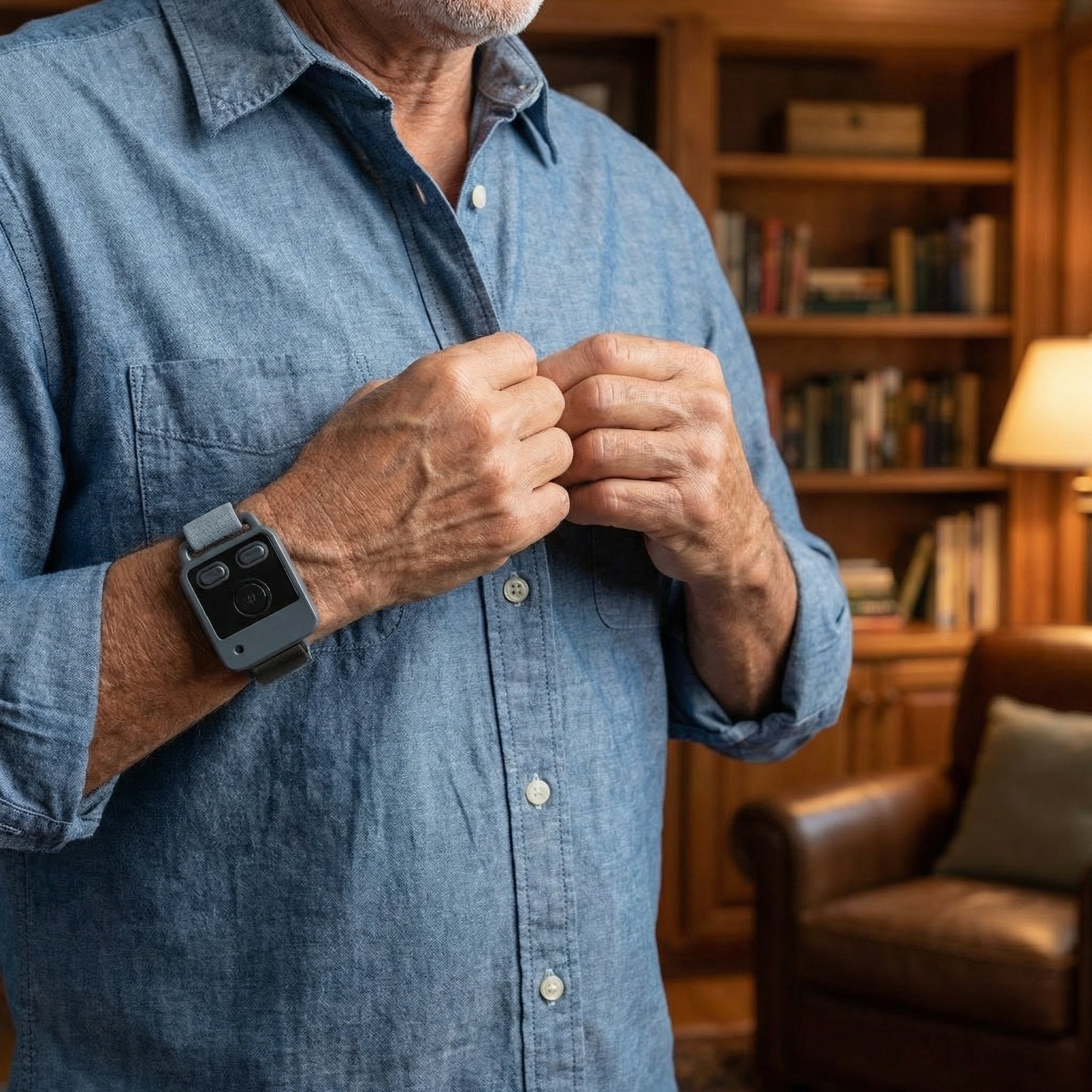 Close-up of an older man wearing a blue denim button-up shirt and a black Encora X1 wearable neurostimulation for essential tremor on his right wrist, standing in a wooden library with shelves filled with books in the background.