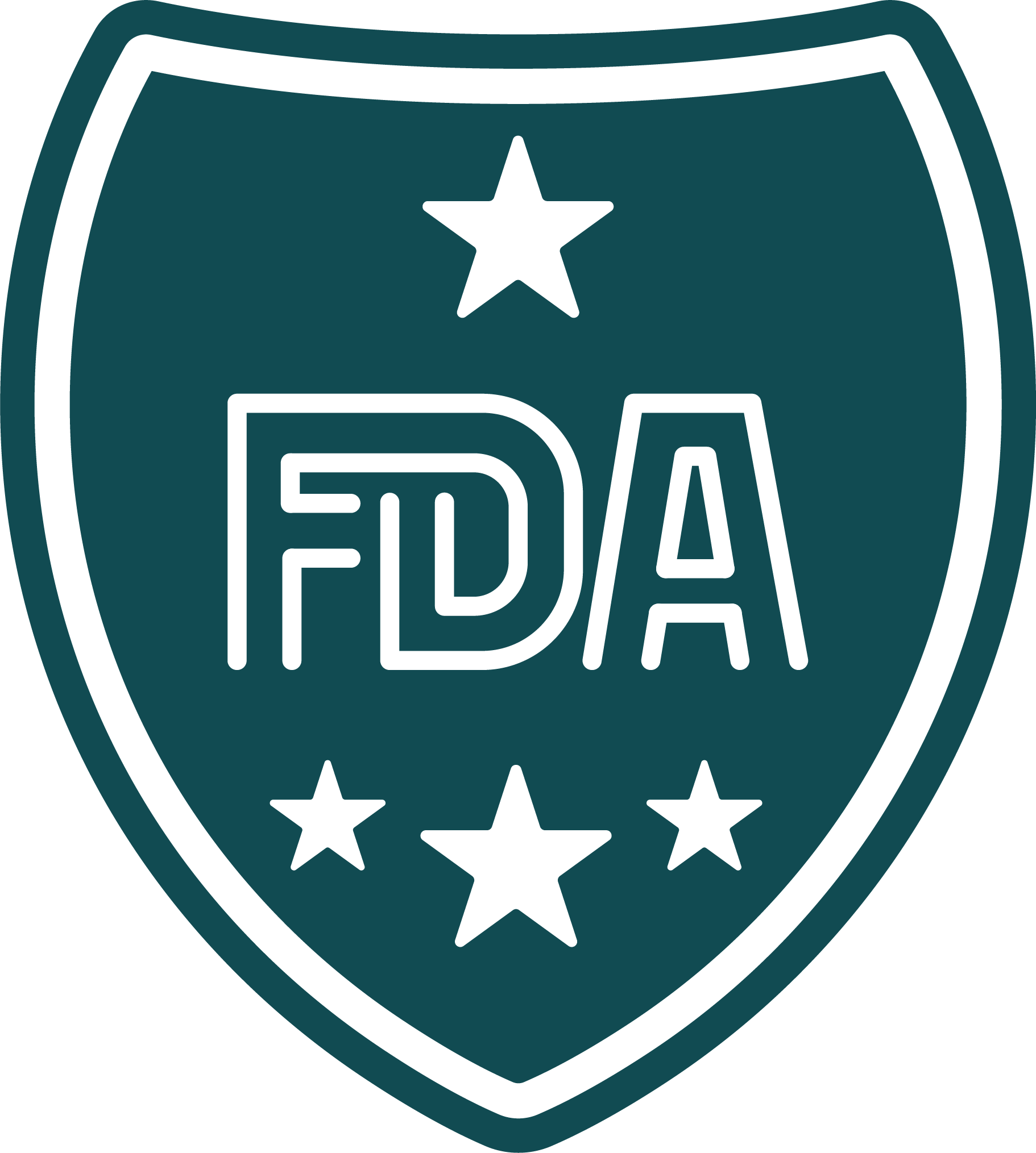 A shield-shaped badge with the FBI logo, featuring a white star at the top and bottom, and the word "FBI" in bold white letters in the center.