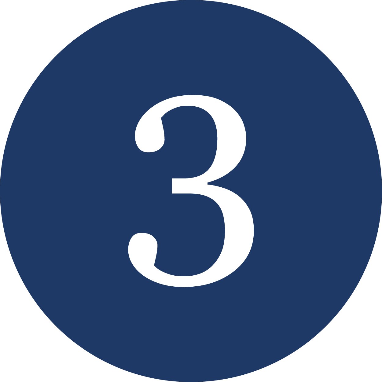 A dark blue circular background with a large white number three in the center.