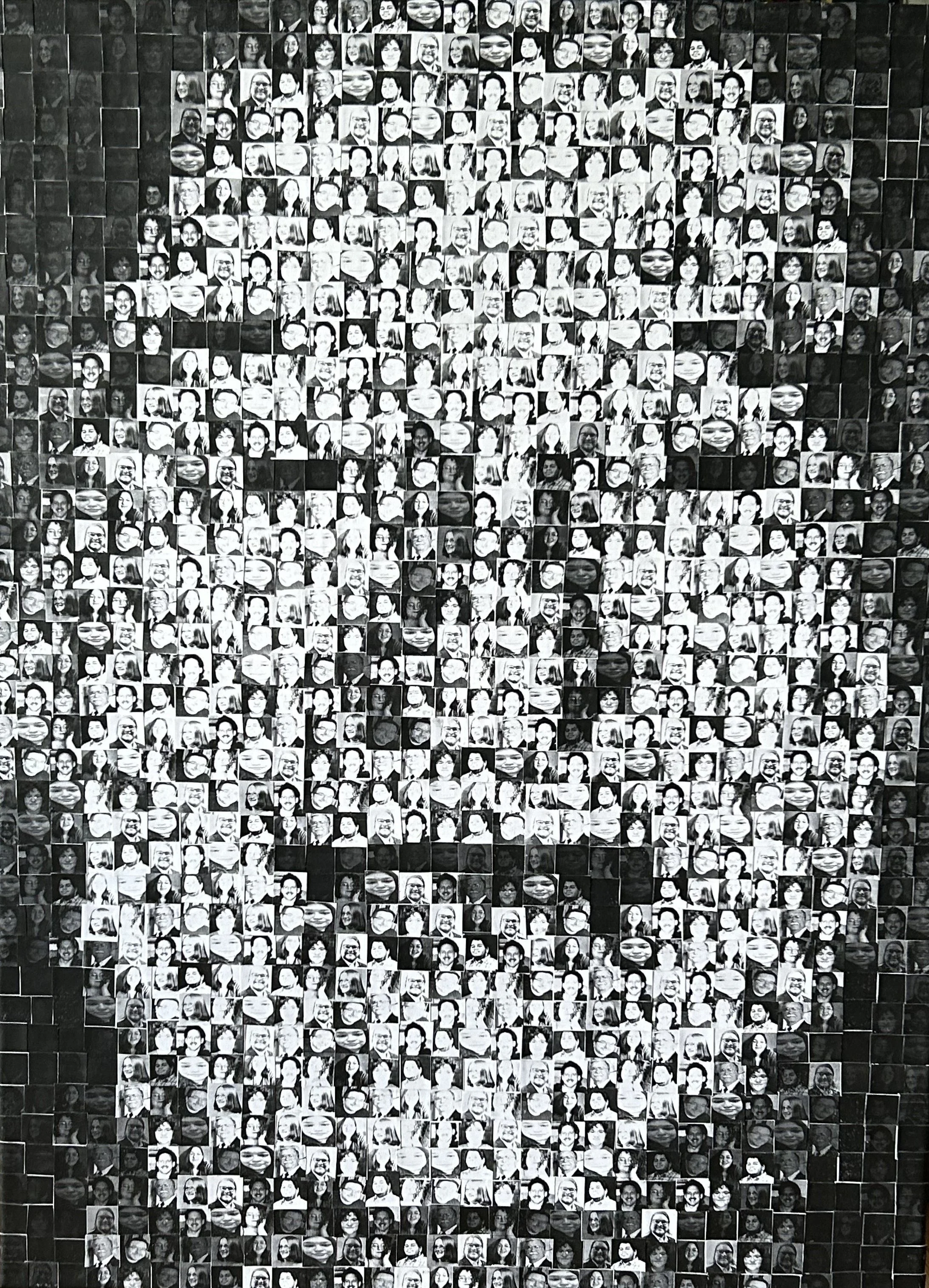 Collage piece made for mental health show. made of family and friend's photos making an image of Robin Williams.
