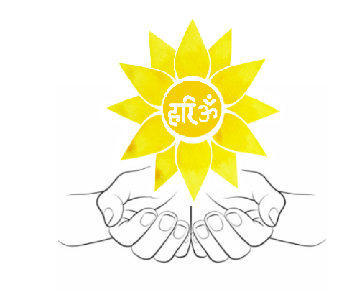 Two hands cupped together underneath a yellow open lotus flower with a Hindi symbol in the center.
