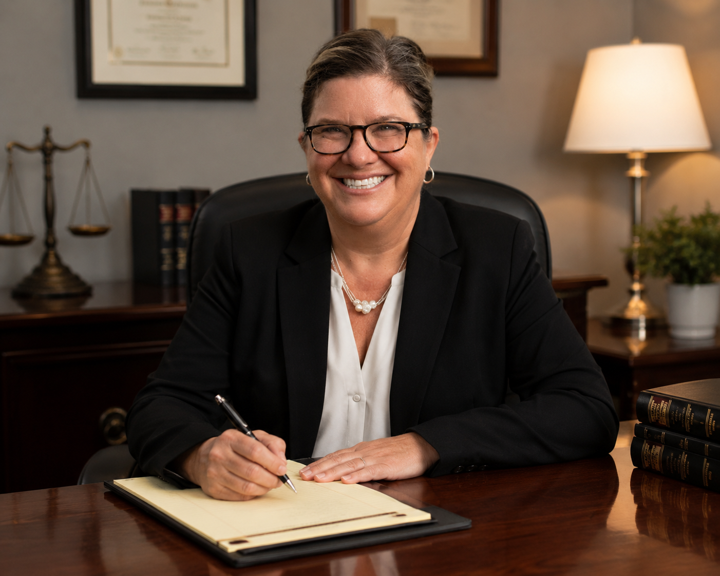A smiling woman with glasses, wearing a black blazer and pearl necklace, sitting at a wooden desk with a pen and notepad, in an office setting.