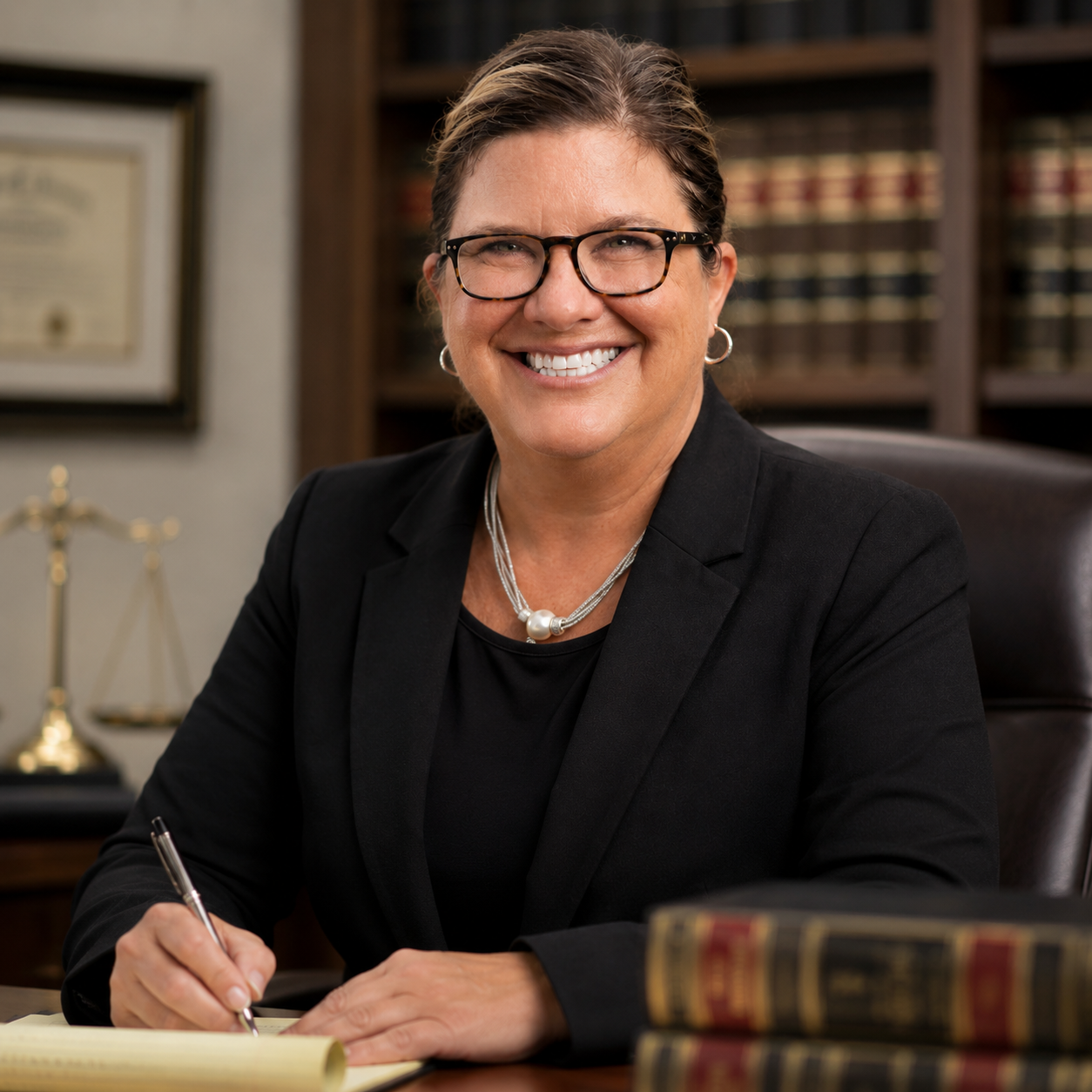 Portrait of a smiling woman lawyer in a black blazer sitting at her desk in her office, with legal books and a diploma in the background.