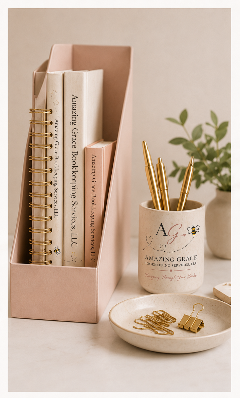 Pink desk organizer holding three books titled "Amazing Grace Bookkeeping Services, LLC," a small dish with paper clips and a binder clip, and a cup with gold pens. Behind, there is a potted green plant.