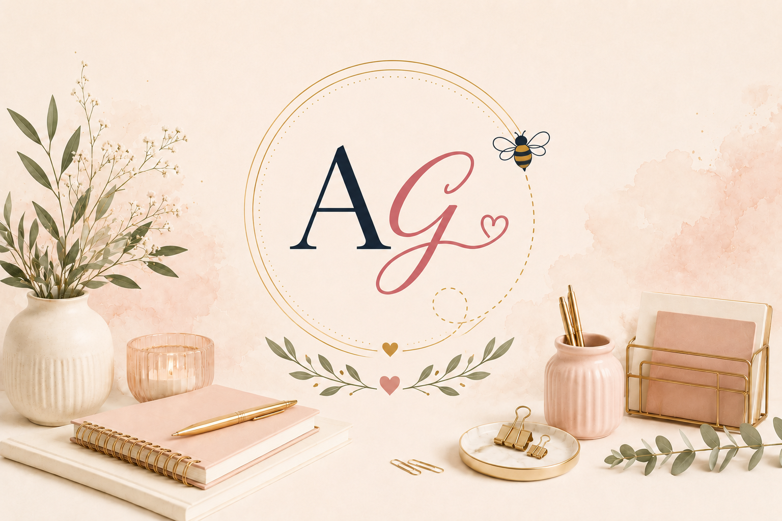 Decorative office or desk space with blush pink and gold accents, including notebooks, pens, a plant, a candle, and stationery holders, with a wall art featuring the initials 'A G' and a bee illustration.