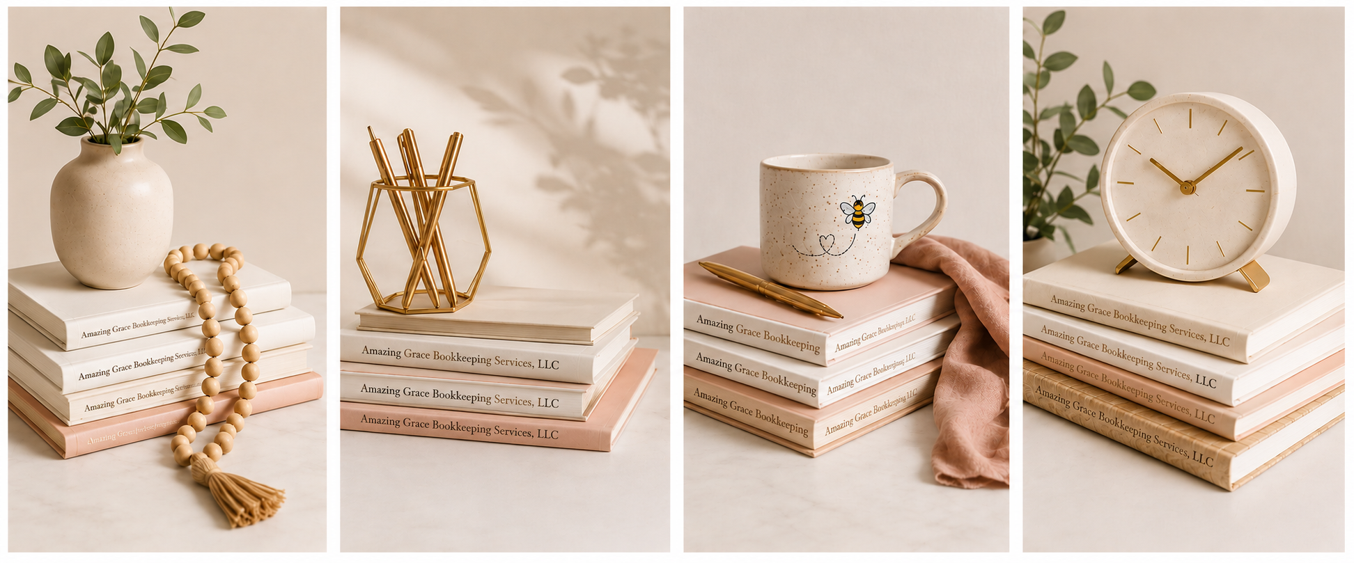 Decorative and organized workspace items featuring books with the title 'Amazing Grace Bookkeeping Services, LLC', a beige vase with green foliage and a beaded necklace, a gold geometric pen holder with gold pens, a ceramic mug with a bee illustration and a heart and smiley face, an analog clock with gold hands, all arranged on a white surface with a neutral background.
