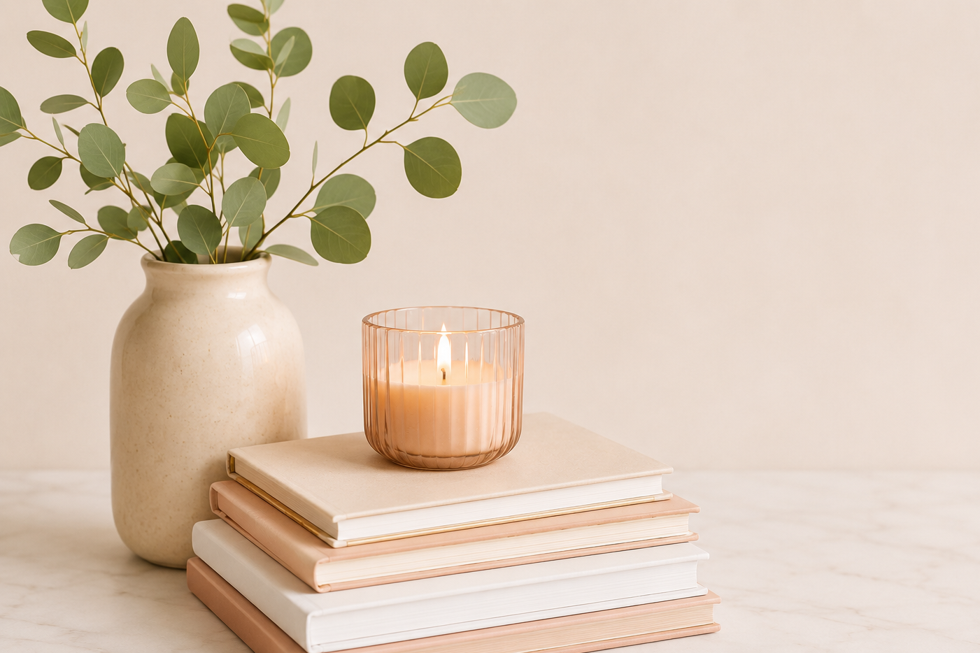 A beige vase with green eucalyptus leaves, a lit candle in a pink glass holder, and a stack of beige and white books on a white marble surface.