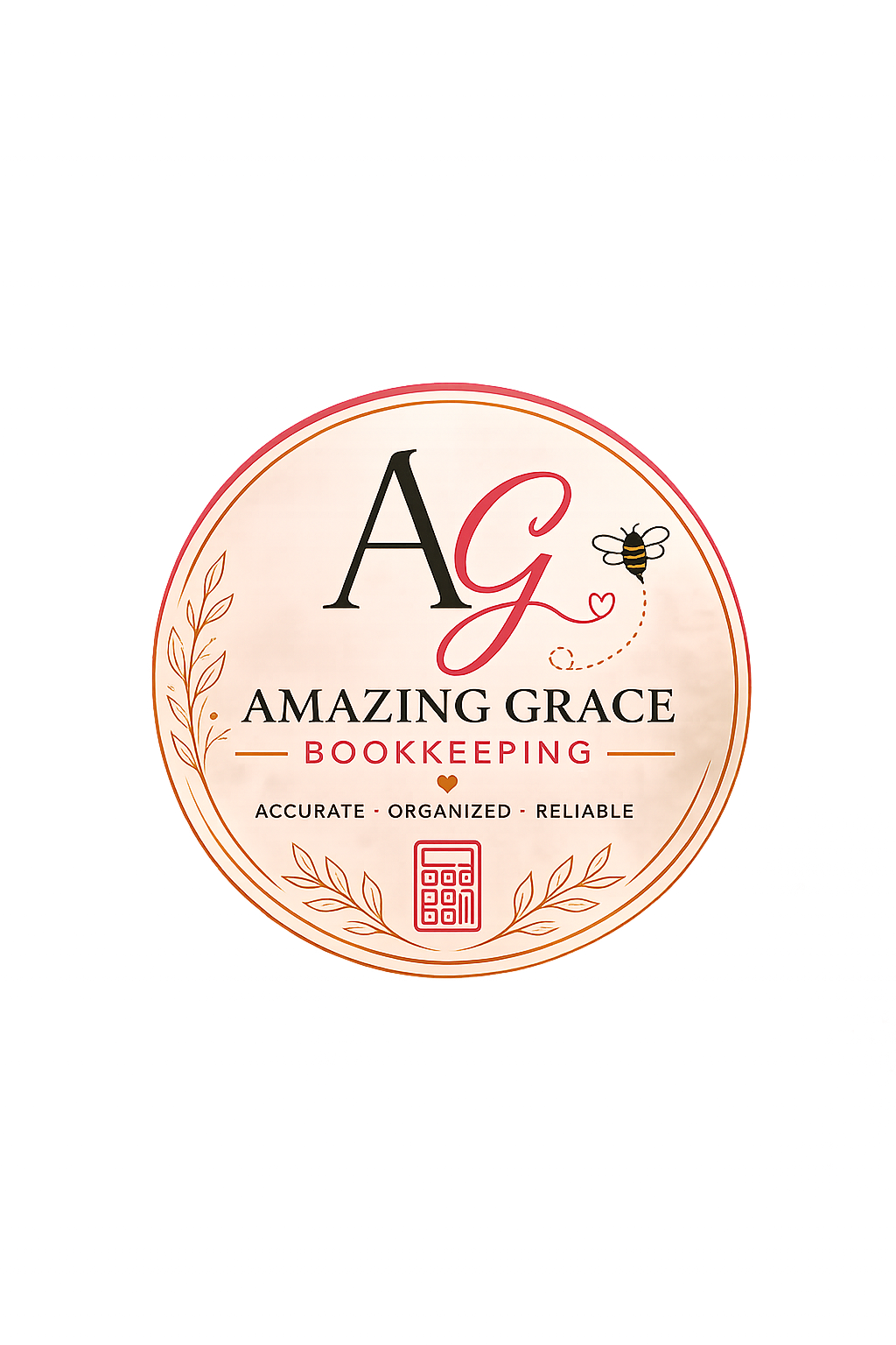 A logo for Amazing Grace Bookkeeping with the initials A G, a bee, a small heart, a calculator icon, and decorative leaves, in a circular design.