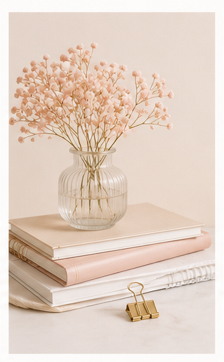 Pink baby's breath flowers in a clear glass vase on top of stacked white and pink books, with a gold clip on white paper in the foreground.