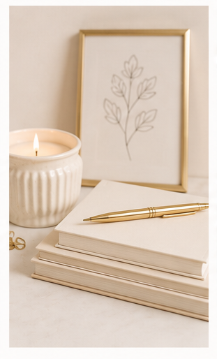 A lit candle in a white, ribbed ceramic holder, a gold-framed picture of a leaf drawing, a gold pen, and three stacked white notebooks on a white surface.
